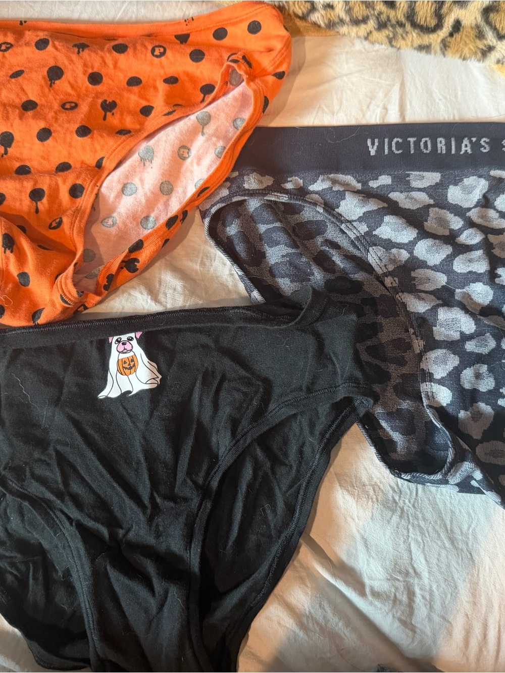 Victoria's Secret Cotton Bikini Panty Trio in Orange, Black & Gray Leopard